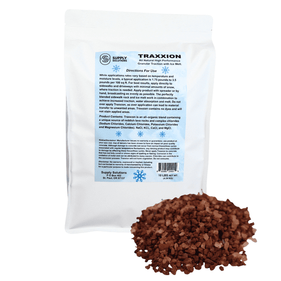 Supply Solutions Traxxion Granular Traction with Ice Melt | Pet Safe Ice Melt Snow Salt | Non toxic Winter Salt for Driveways, Sidewalks and Various Terrain | Ice Salt that Lasts Longer (10 Pounds)
