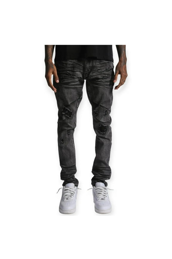 Men Tapered Mike Tear Patch Jeans (Washed Black)