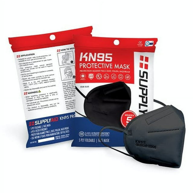 SupplyAID KN95 Protective Face Mask, GB2626 Standard, 5Pack Black