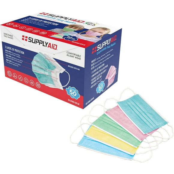 SupplyAID Kids Size Disposable Face Mask W/ Moldable Nose Bar, 50-Count, 3-Layer