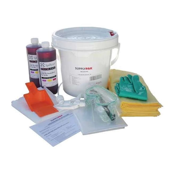 Battery Acid Spill Kit, 3 gal Volume Absorbed per Kit, 2 gal Capacity, Bucket
