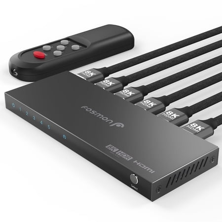 Fosmon 8K 5 Ports HDMI Switch with Remote, 5 In 1 Out 4K@120Hz 8K@60Hz HDR HDCP 2.3 HDMI 2.1 Splitter, Ultra High Speed 48Gbps for PS5, Xbox, Apple TV, Fire Stick