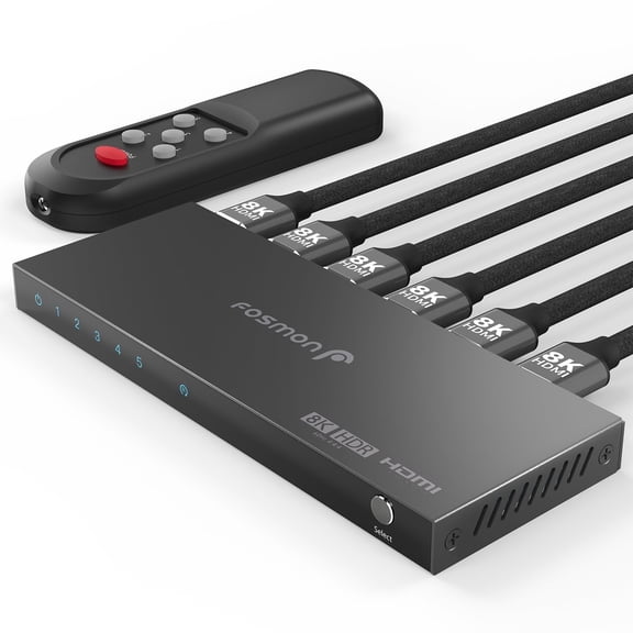 Fosmon 8K 5 Ports HDMI Switch with Remote, 5 In 1 Out 4K@120Hz 8K@60Hz HDR HDCP 2.3 HDMI 2.1 Splitter, Ultra High Speed 48Gbps for PS5, Xbox, Apple TV, Fire Stick