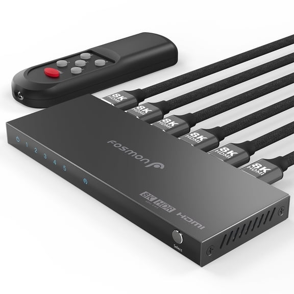 Fosmon 8K 5 Ports HDMI Switch with Remote, 5 In 1 Out 4K@120Hz 8K@60Hz HDR HDCP 2.3 HDMI 2.1 Splitter, Ultra High Speed 48Gbps for PS5, Xbox, Apple TV, Fire Stick