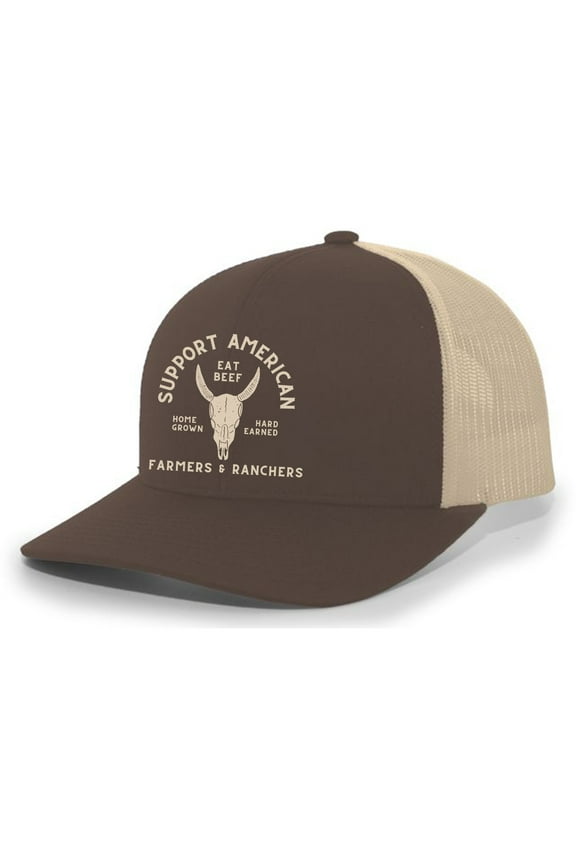 Support American Farmers Eat Beef Cattle Skull Farm to Table Mens Embroidered Mesh Back Trucker Hat, Brown/Khaki