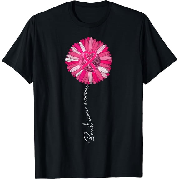 Support Breast Cancer Awareness Month Pink Ribbon Sunflower T-Shirt Black Medium