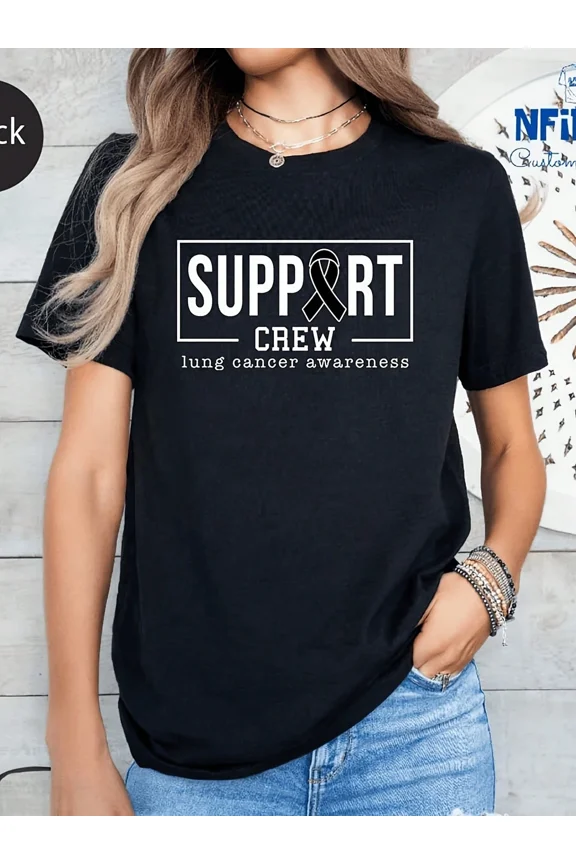 Support Crew Lung Cancer Awareness White Ribbon Graphic T-Shirt Unisex Adult Short Sleeve Tee