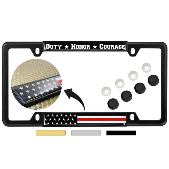 Support Firefighters Duty Honor Courage Thin Red Line (Stripe) USA Flag - Domed Custom-Made Personalized Narrow (Thin) Top 4 Hole Metal Car License Plate Frame with Free caps - Black (Qty: 1 Frame)
