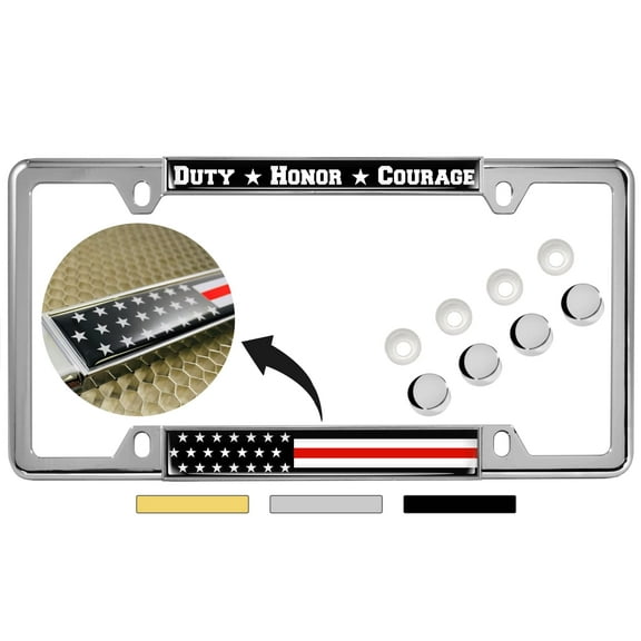 Support Firefighters Duty Honor Courage Thin Red Line (Stripe) USA Flag - Domed Custom-Made Personalized Narrow (Thin) Top 4 Hole Metal Car License Plate Frame with Free caps - Chrome (Qty: 1 Frame)