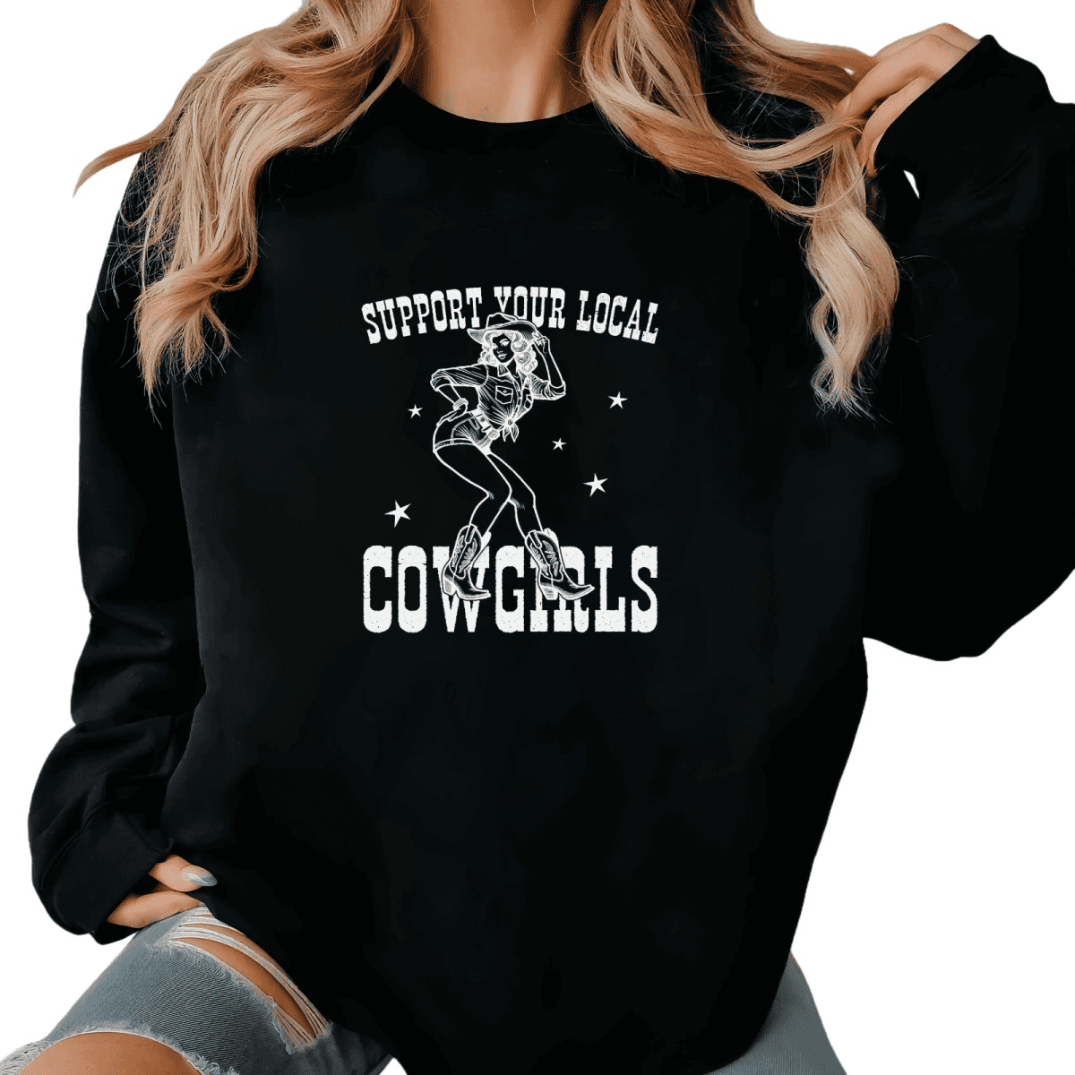 Support Local Cowgirls Western Black Crewneck Print Sweatshirt Graphic ...