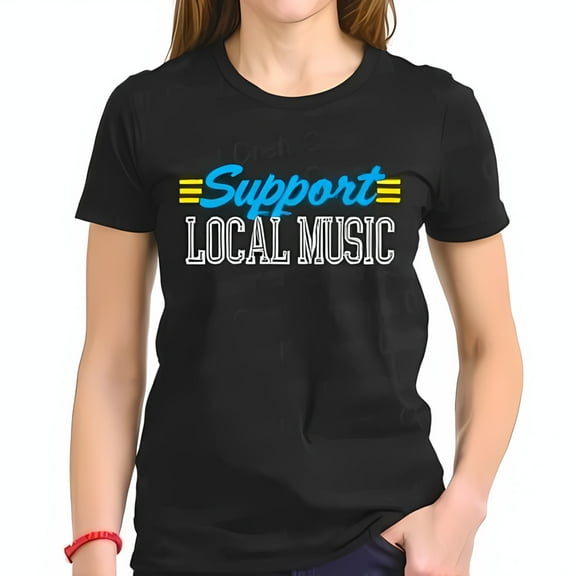 Support Local Music Cotton Short Sleeve T-Shirt - Vintage Graphic Design in Teal and Yellow Stripes