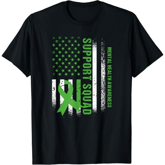 Support Mental Health Squad Awareness US flag Green Ribbon T-ShirtMen and women, Black T-shirt, size: Extra large