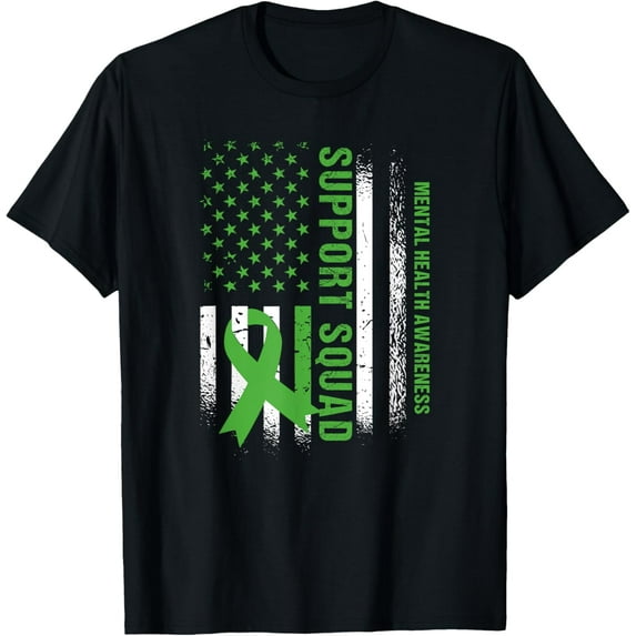 Support Mental Health Squad Awareness US flag Green Ribbon T-ShirtMen and women, Black T-shirt, size: Extra large