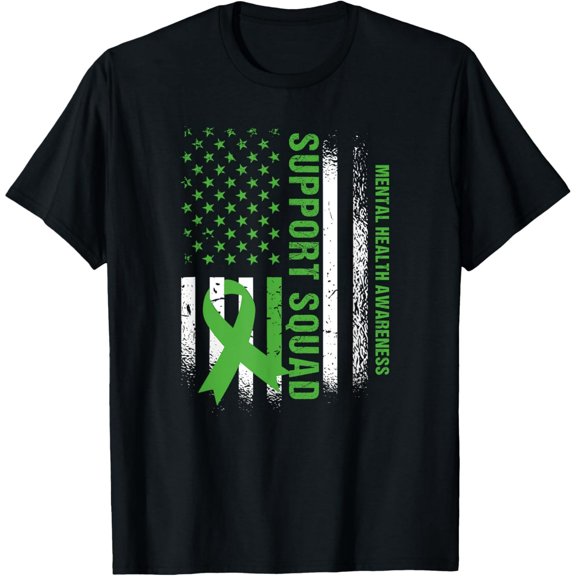 Support Mental Health Squad Awareness US flag Green Ribbon T-ShirtMen and women, Black T-shirt, size: Extra large