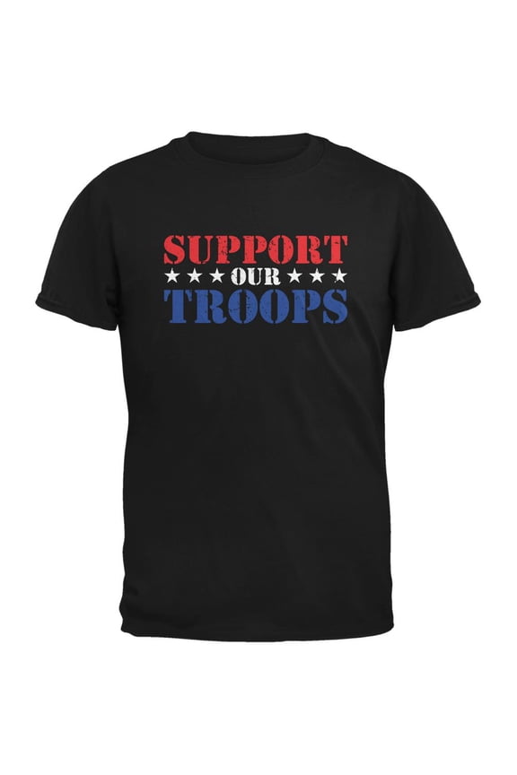 Support Our Troops Red White & Blue Stars Black Adult T-Shirt - Small