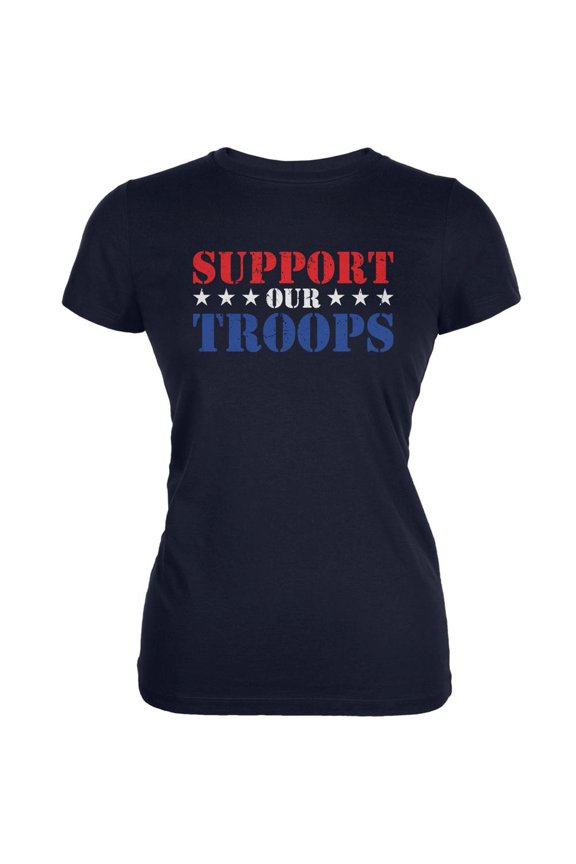 Support Our Troops Red White & Blue Stars Navy Juniors Soft T-Shirt - Small