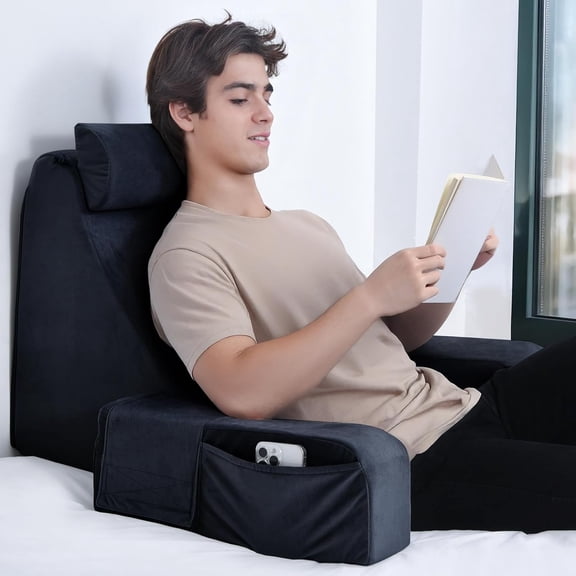Support Pillow,Reading Pillow with Attached Arms & Large Pockets, Removable Washable Cover, Wedge for Sitting,Reclining,Watching TV,Post Surgery in Bed,Couch or Floor,Medium Firm