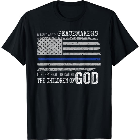 Support Police Thin Blue Line Distressed Flag Bible Verse T-Shirt Black 2X-Large