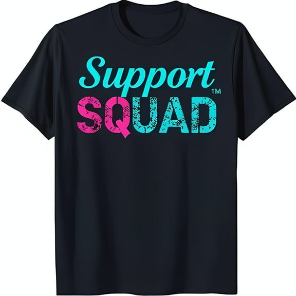Support Squad Black T-Shirt with Bold Blue & Pink Design Unique Graphic Tee