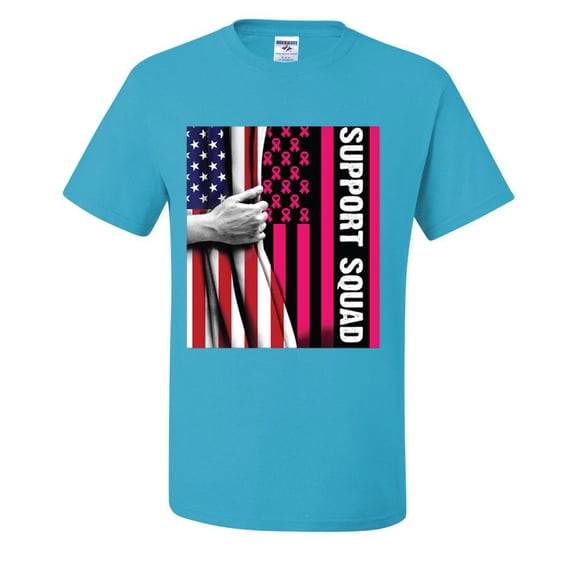 Support Squad Breast Cancer Awareness Warrior American Flag Mens T-shirts , Turquoise, Small