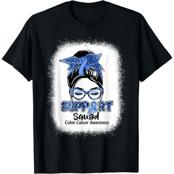 Support Squad Messy Bun Blue Ribbon Colon Cancer Awareness T-Shirt