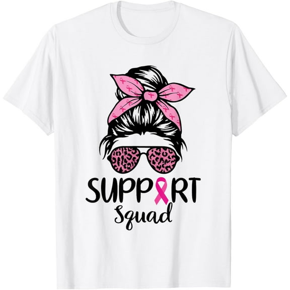 Support Squad Messy Bun Leopard Pink Breast Cancer Awareness T-Shirt