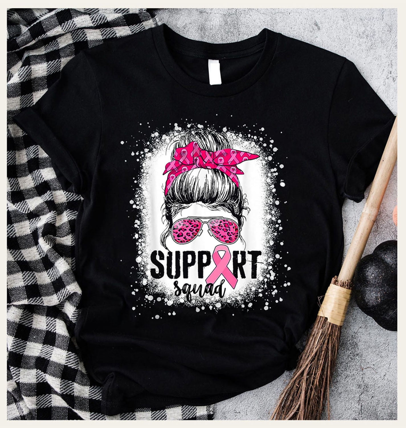 Support Squad Messy Bun Pink Warrior Breast Cancer Awareness T Shirt