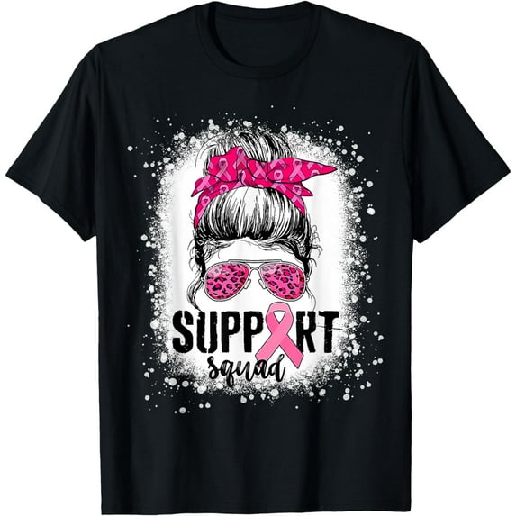 Support Squad Messy Bun Pink Warrior Breast Cancer Awareness T-Shirt