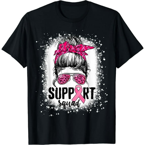 Support Squad Messy Bun Pink Warrior Breast Cancer Awareness T-Shirt