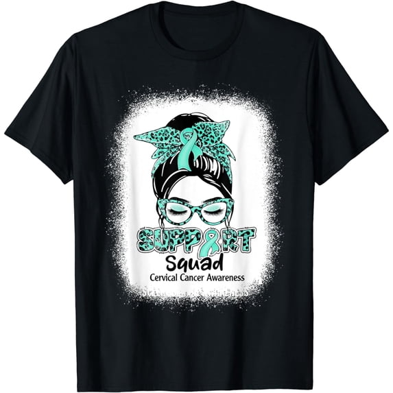 Support Squad Messy Bun Teal Ribbon Cervical Cancer T-Shirt