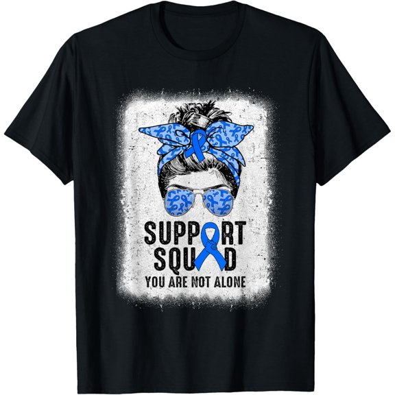 Support Squad Messy Bun Warrior Blue Colon Cancer Awareness T-Shirt100% pure cotton