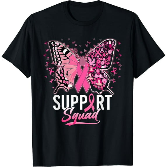 Support Squad Pink Ribbon Butterfly Breast Cancer Awareness T-Shirt