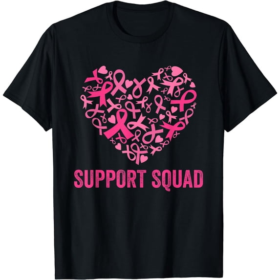 Support Squad Pink Ribbon Heart Breast Cancer Awareness T-Shirt Black Small