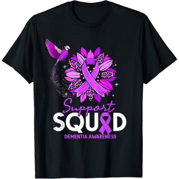 Support Squad Sunflower Hummingbird Dementia Awareness T-ShirtMen and women, Black T-shirt, size: Extra large