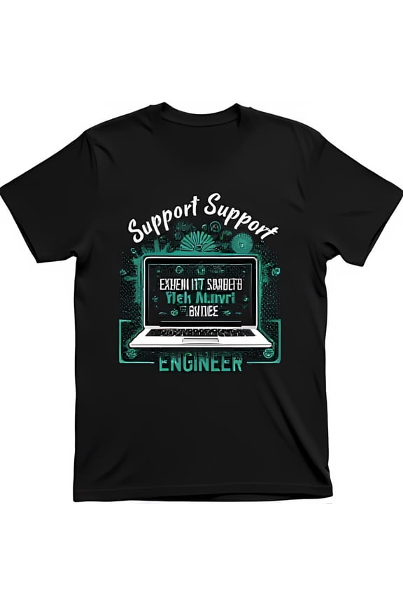 Support Support Engineer Black T-Shirt with Tech Design Laptop & Gears in Teal