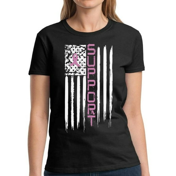 Support TShirt for Women Pink Ribbon USA Flag Ladies T-Shirt - S M L XL 2XL 3XL Graphic Tee - Breast Cancer Awareness Pink Support Gifts Women Shirt