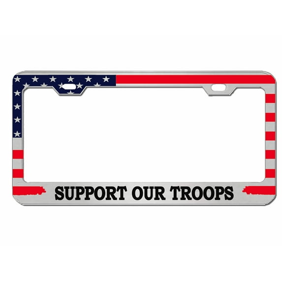 Support Our Troops - USA America Pride Flag/American Flag Design Heavy Duty Metal License Plate Frame Personalise/Car Accessories Car Tag Holder Cover (Chrome/red Blue/blk)