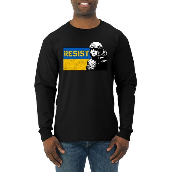 Support Ukrainian Flag Zelensky RESIST Mens Long Sleeve Shirt, Black, XX-Large