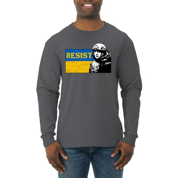 Support Ukrainian Flag Zelensky RESIST Mens Long Sleeve Shirt, Charcoal, Medium