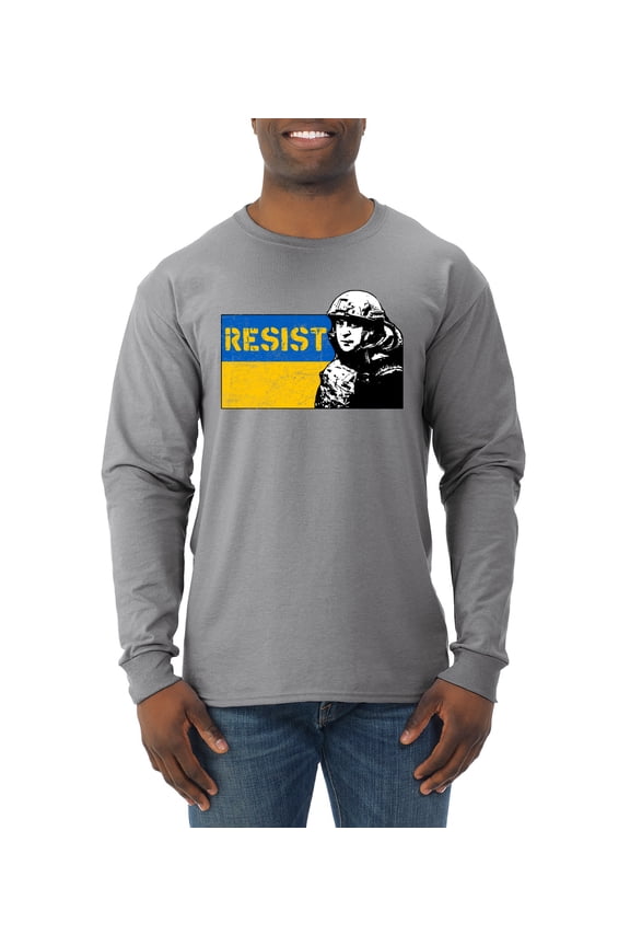 Support Ukrainian Flag Zelensky RESIST Mens Long Sleeve Shirt, Heather Grey, Medium