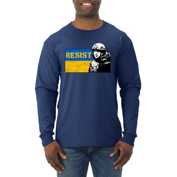 Support Ukrainian Flag Zelensky RESIST Mens Long Sleeve Shirt, Navy, 3X-Large