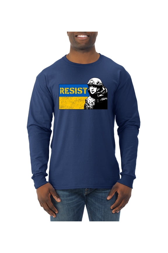 Support Ukrainian Flag Zelensky RESIST Mens Long Sleeve Shirt, Navy, Small