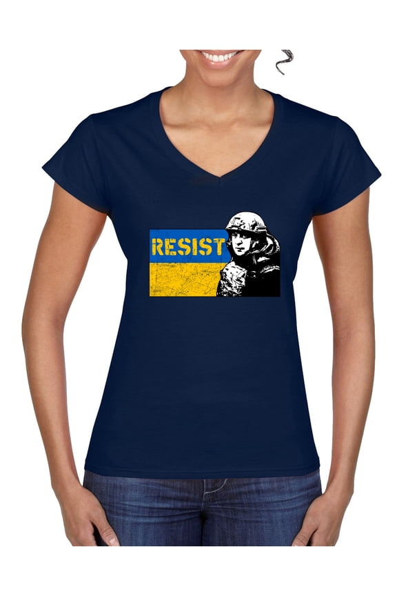 Support Ukrainian Flag Zelensky RESIST Women’s Standard V-Neck Tee, Navy, Small