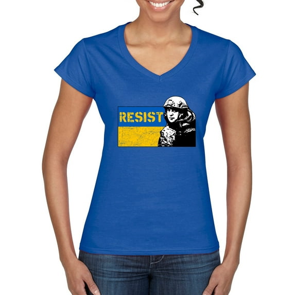 Support Ukrainian Flag Zelensky RESIST Women's Standard V-Neck Tee, Royal, Medium