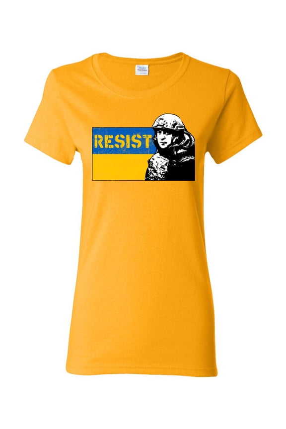 Support Ukrainian Flag Zelensky RESIST Womens Graphic T-Shirt, Gold, Small