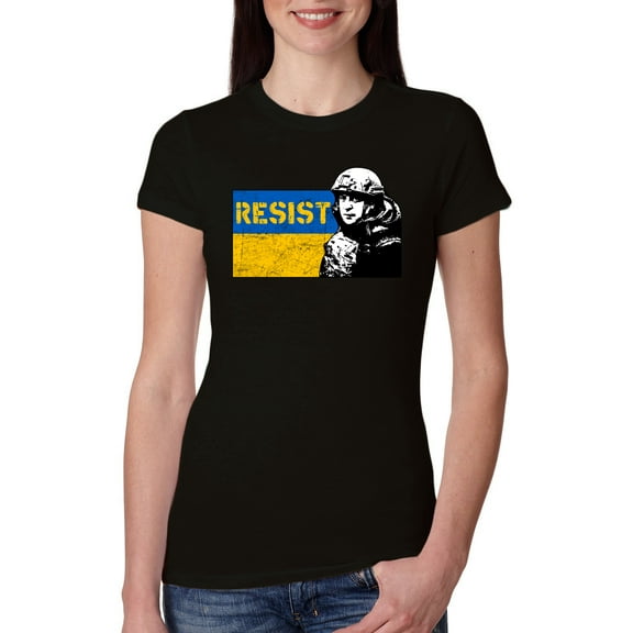 Support Ukrainian Flag Zelensky RESIST Womens Slim Fit Junior Tee, Black, Medium