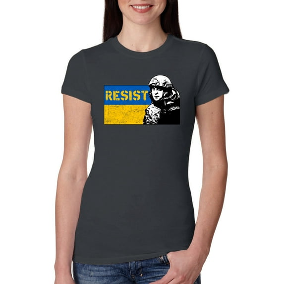 Support Ukrainian Flag Zelensky RESIST Womens Slim Fit Junior Tee, Dark Grey, X-Large