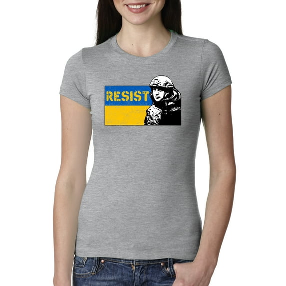 Support Ukrainian Flag Zelensky RESIST Womens Slim Fit Junior Tee, Heather Grey, X-Large