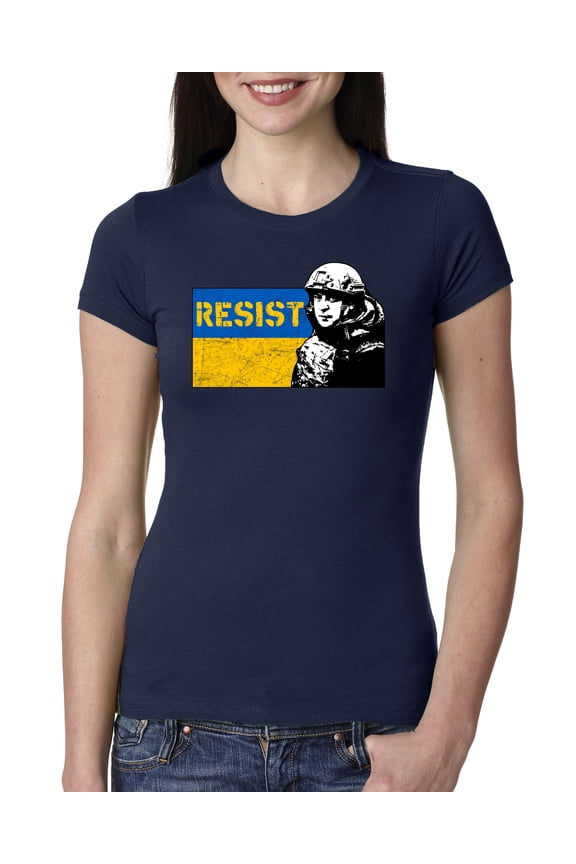 Support Ukrainian Flag Zelensky RESIST Womens Slim Fit Junior Tee, Navy, Medium