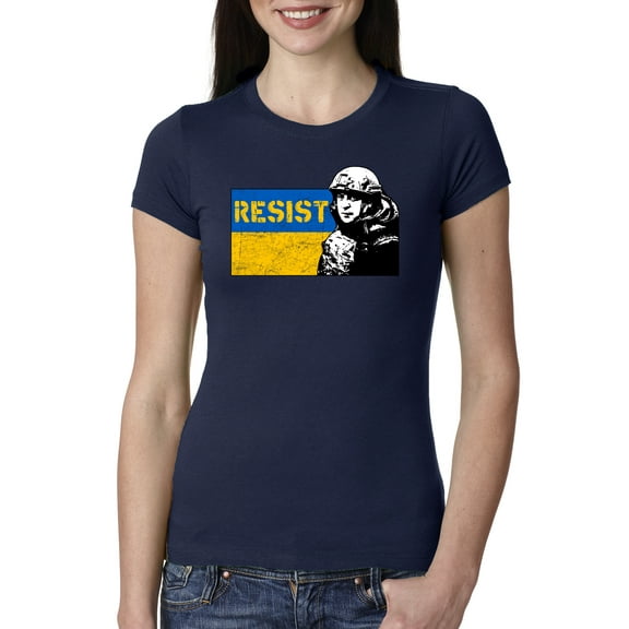 Support Ukrainian Flag Zelensky RESIST Womens Slim Fit Junior Tee, Navy, X-Large